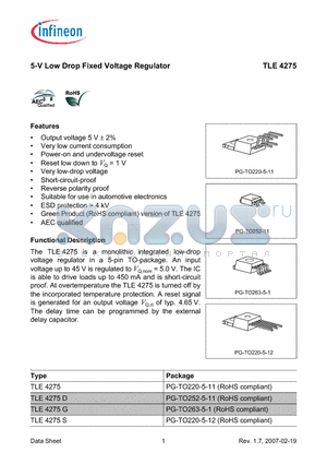 TLE4275D datasheet - 5-V Low Drop Fixed Voltage Regulator 5-V Low Drop Fixed Voltage Regulator