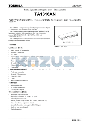 TA1316AN datasheet - YCbCr/YPbPr Signal and Sync Processor for Digital TV, Progressive Scan TV and Double Scan TV