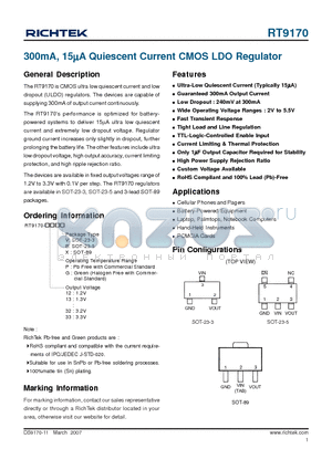 RT9170-13GB datasheet - 300mA, 15lA Quiescent Current CMOS LDO Regulator