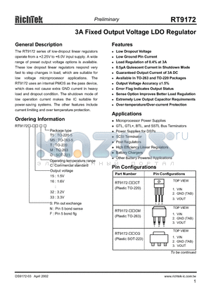 RT9172-15CM datasheet - 3A FIXED OUTPUT VOLTAGE LDO REGULATOR