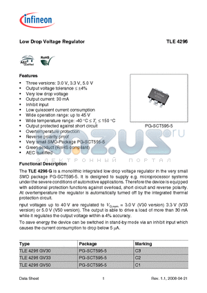 TLE4296GV33 datasheet - Low Drop Voltage Regulator Three versions: 3.0 V, 3.3 V, 5.0 V