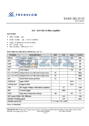 TA165-182-32-32 datasheet - 16.5 - 18.2 GHz 32 dBm Amplifier