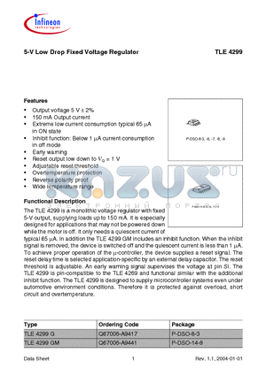 TLE4299GM datasheet - 5-V Low Drop Fixed Voltage Regulator