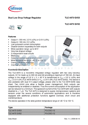 TLE4473GV52 datasheet - Dual Low Drop Voltage Regulator Output 2: 180 mA, 5 V (a2%)