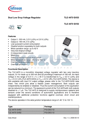 TLE4473GV53 datasheet - Dual Low Drop Voltage Regulator Output 2: 180 mA, 5 V (a2%)