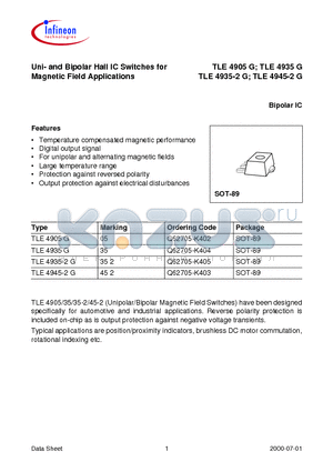 TLE4905G datasheet - Uni- and Bipolar Hall IC Switches for Magnetic Field Applications