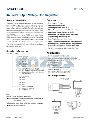 RT9172F-15GG datasheet - 3A Fixed Output Voltage LDO Regulator
