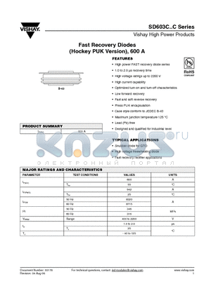 SD603C16S15C datasheet - Fast Recovery Diodes (Hockey PUK Version), 600 A