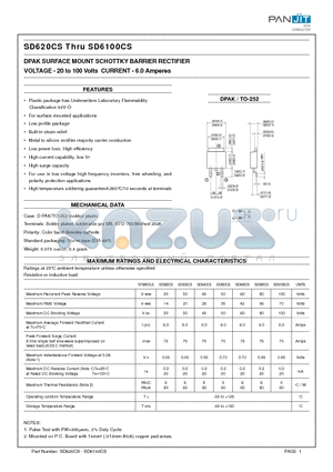 SD620CS datasheet - DPAK SURFACE MOUNT SCHOTTKY BARRIER RECTIFIER(VOLTAGE - 20 to 100 Volts CURRENT - 6.0 Amperes)