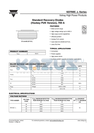 SD700C30L datasheet - Standard Recovery Diodes (Hockey PUK Version), 700 A