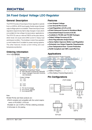 RT9172F-33PM5 datasheet - 3A Fixed Output Voltage LDO Regulator
