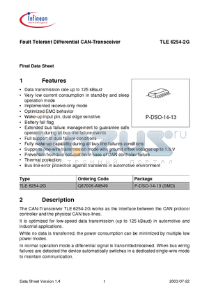 TLE6254-2G datasheet - Fault Tolerant Differential CAN-Transceiver