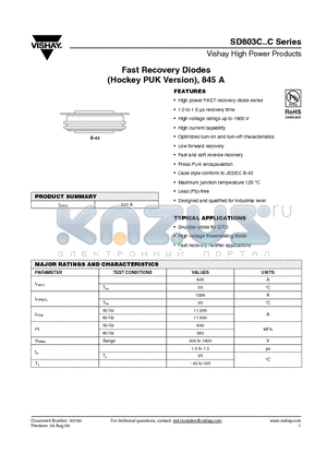 SD803C08S15C datasheet - Fast Recovery Diodes (Hockey PUK Version), 845 A