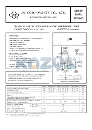 SD820 datasheet - TECHNICAL SPECIFICATIONS OF SCHOTTKY BARRIER RECTIFIER VOLTAGE RANGE - 20 to 100 Volts