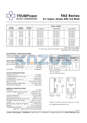 TA2-4D2424 datasheet - DC/DC CONVERTERS 2:1 Input, 24-pin DIP, 4-6 Watt