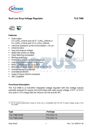 TLE7469GV53 datasheet - Dual Low Drop Voltage Regulator Ultra low quiescent current consumption < 55 lA