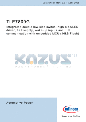 TLE7809G datasheet - Integrated double low-side switch, high-side/LED driver, hall supply, wake-up inputs and LIN communication with embedded MCU (16kB Flash)