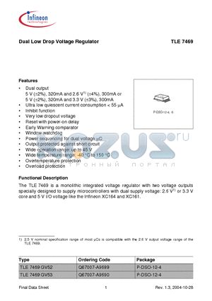 TLE7469 datasheet - Dual Low Drop Voltage Regulator