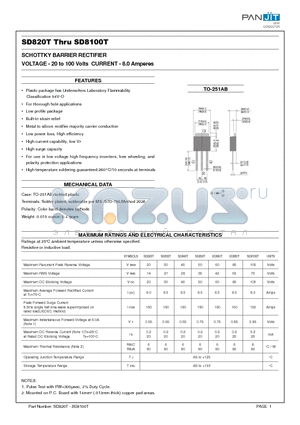 SD830T datasheet - SCHOTTKY BARRIER RECTIFIER(VOLTAGE - 20 to 100 Volts CURRENT - 8.0 Amperes)