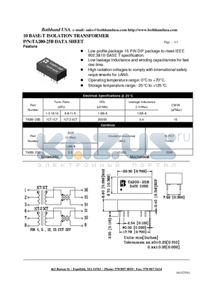 TA200-25B datasheet - 10 BASE-T ISOLATION TRANSFORMER