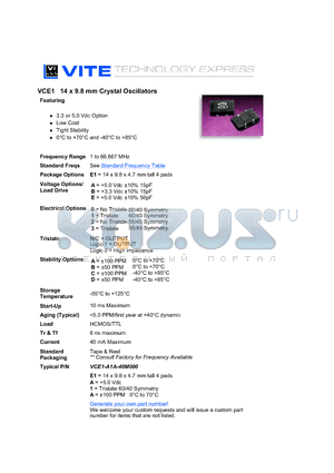 VCE-A1A-40200 datasheet - VCE1 14 x 9.8 mm Crystal Oscillators