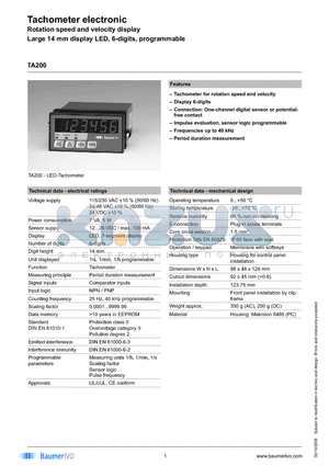 TA200.002AXA1 datasheet - Tachometer electronic