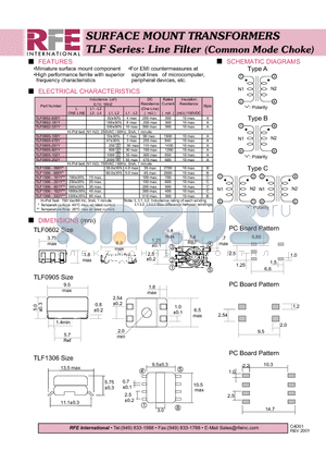 TLF0905-202Y datasheet - SURFACE MOUNT TRANSFORMERS TLF Series: Line Filter (Common Mode Choke)