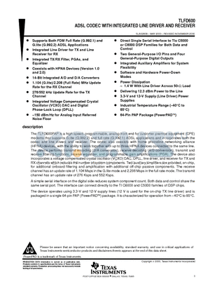 TLFD600 datasheet - ADSL CODEC WITH INTEGRATED LINE DRIVER AND RECEIVER