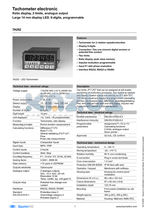 TA202.002AXA1 datasheet - Tachometer electronic