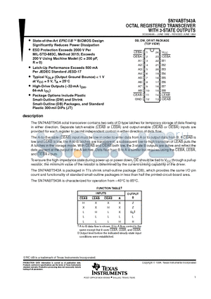 SN74ABT543 datasheet - OCTAL REGISTERED TRANSCEIVER WITH 3-STATE OUTPUTS