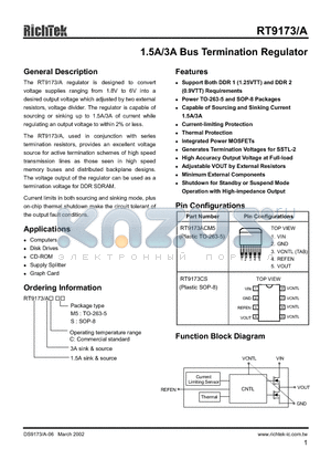 RT9173ACM5 datasheet - 1.5A/3A Bus Termination Regulator