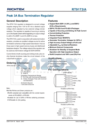 RT9173AGS datasheet - Peak 3A Bus Termination Regulator