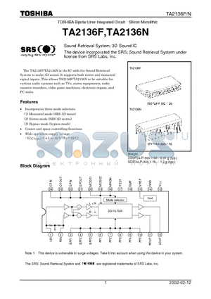 TA2136N datasheet - TOSHIBA Bipolar Liner Integrated Circuit Silicon Monolithic