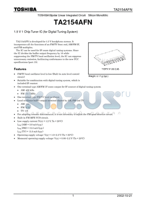 TA2154AFN datasheet - 1.5 V 1 Chip Tuner IC (for Digital Tuning System)