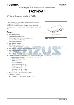 TA2145AF datasheet - 3 V Stereo Headphone Amplifier (3 V USE)
