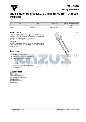 TLHB420 datasheet - High Efficiency Blue LED, 3 mm Tinted Non.Diffused Package