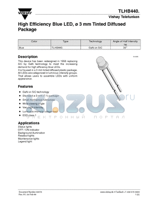 TLHB440 datasheet - High Efficiency Blue LED, 3 mm Tinted Diffused