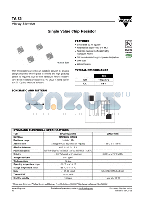 TA22-100MG0016 datasheet - Single Value Chip Resistor
