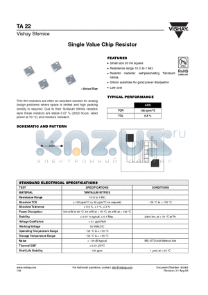 TA22-100RF0016 datasheet - Single Value Chip Resistor