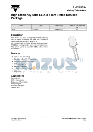 TLHB540 datasheet - High Efficiency Blue LED, 5 mm Tinted Diffused Package