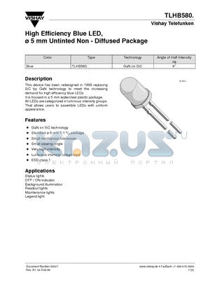 TLHB580 datasheet - High Efficiency Blue LED, 5 mm Untinted Non - Diffused Package