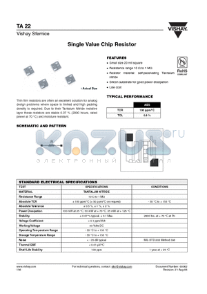TA2210KF0016 datasheet - Single Value Chip Resistor