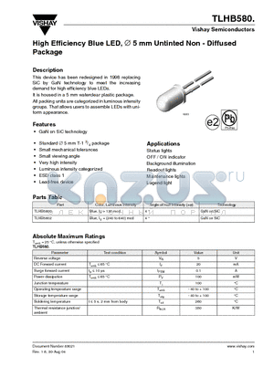 TLHB5800 datasheet - High Efficiency Blue LED, 5 mm Untinted Non - Diffused Package
