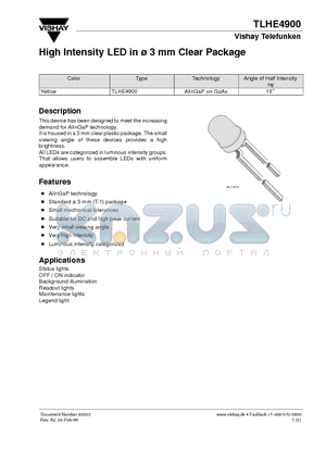TLHE4900 datasheet - High Intensity LED in 3 mm Clear Package