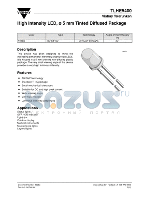 TLHE5400 datasheet - High Intensity LED, 5 mm Tinted Diffused Package