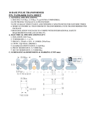 TA250-06BK datasheet - 10 BASE PULSE TRANSFORMER