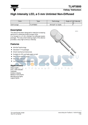 TLHF5800 datasheet - High Intensity LED, 5 mm Untinted Non-Diffused