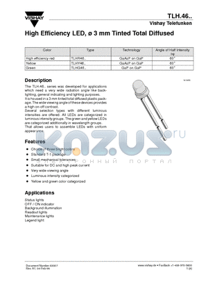 TLHG4600 datasheet - High Efficiency LED, 3 mm Tinted Total Diffused