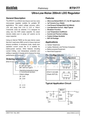 RT9177 datasheet - Ultra-Low-Noise 200mA LDO Regulator