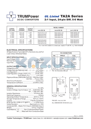 TA2A-6D2412H datasheet - DC/DC CONVERTERS 2:1 Input, 24-pin DIP, 5-6 Watt